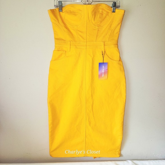 Yellow Denim Strapless Corset Midi Dress Sz. L | Y2K Stretch Denim Revival‎ - Picture 2 of 11